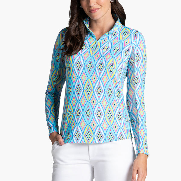 IBKUL Romina Print Long Sleeve Mock Neck Top-Seafoam