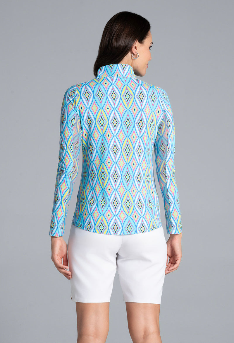 IBKUL Romina Print Long Sleeve Mock Neck Top-Seafoam