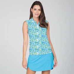 IBKUL Women's Sleeveless Golf Sun Shirt- Kathy Turquoise/Lime Print