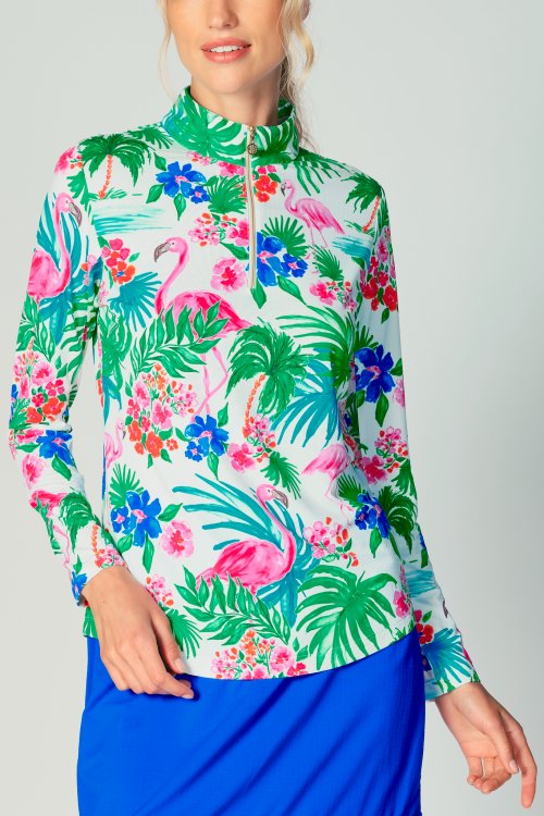 Gottex Long Sleeve Moc Neck Flamingo Print Long Sleeve Shirt