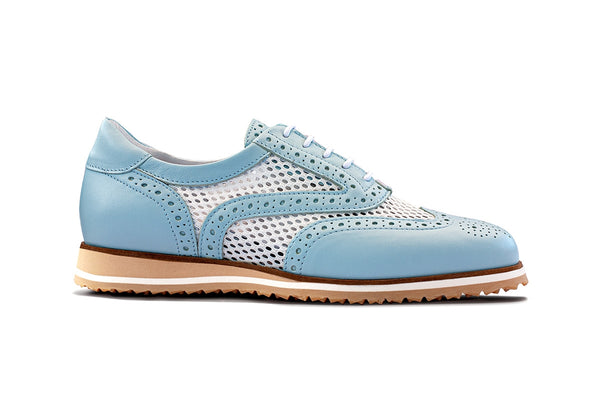 Walter Genuin Women's Brogue Net Spikeless Golf Shoes-Celeste/White