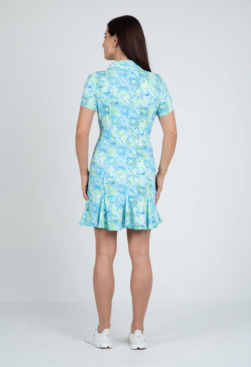 IBKUL Kathy Printed  Women's Short Sleeve Godet Dress-Turquoise/Lime