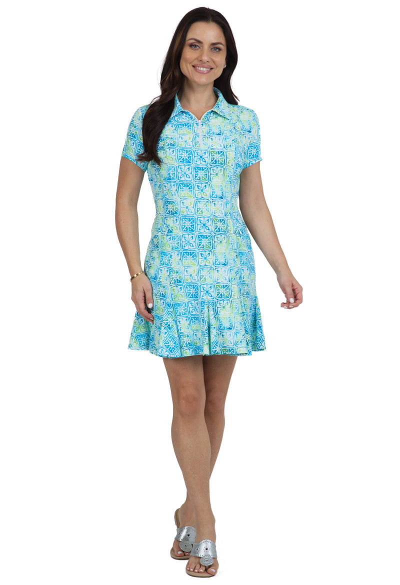 IBKUL Kathy Printed  Women's Short Sleeve Godet Dress-Turquoise/Lime