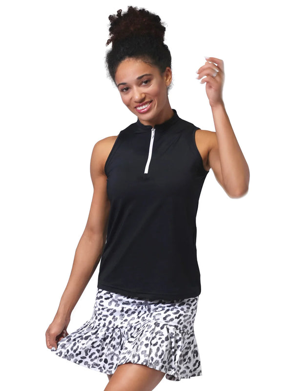 Ana Clare Katie Sport Sleeveless Solid Polo- Black/White Trim