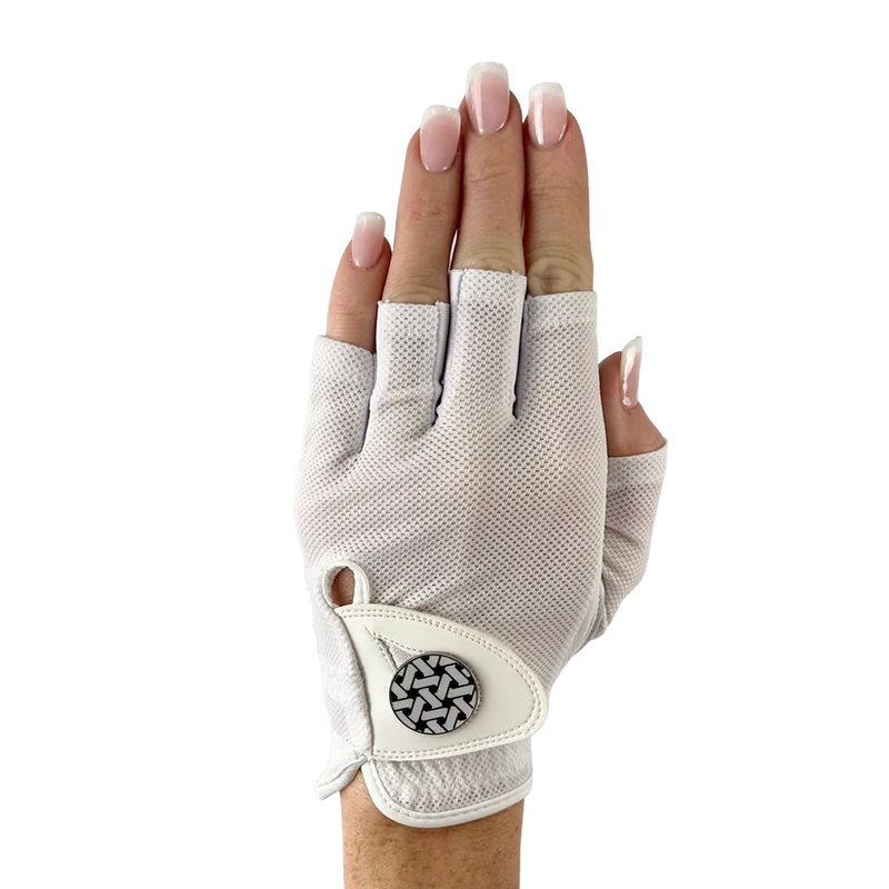 Half Golf Glove Printed Mesh and Leather palm with Matching Ballmarker-White