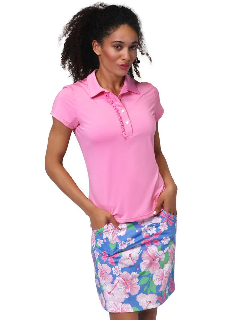 Ana Clare Lizzie Short Sleeve Ruffled Placke Solid Polo- Aqua, Pink, Periwinkle, White, Hot Pink